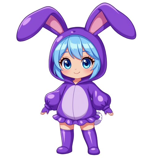 wearing a shiny purple bunny costume with large floppy ears. the outfit is glossy with curved highlights, oversized round sleeves, and a short matching skirt.has short light-blue hair, large expressive eyes, and a neutral facial expression. full body