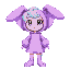 wearing a shiny purple bunny costume with large floppy ears. the outfit is glossy with curved highlights, oversized round sleeves, and a short matching skirt.has short light-blue hair, large expressive eyes, and a neutral facial expression. full body