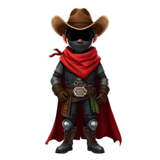 full body cowboy, with metal protection on the legs, complete black face with no eyes, a wrapped red scarf/cape more likes a poncho, with a brown cowboy hat and brown gloves, a green straw 