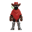 full body cowboy, with metal protection on the legs, complete black face with no eyes, a wrapped red scarf/cape more likes a poncho, with a brown cowboy hat and brown gloves, a green straw 