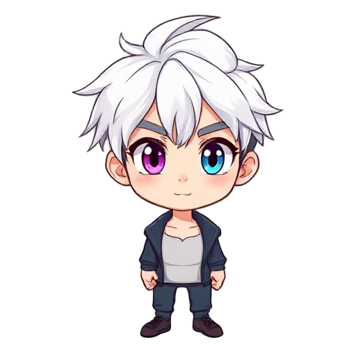 crei um male white hair, one eyes purple and blue, casual, body complete