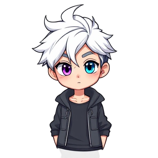 crei um male white hair, one eyes purple and blue, casual, body complete