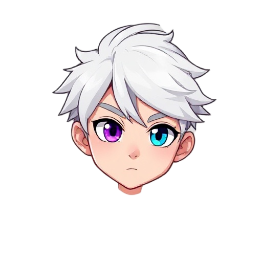 crei um male white hair, one eyes purple and blue, casual
