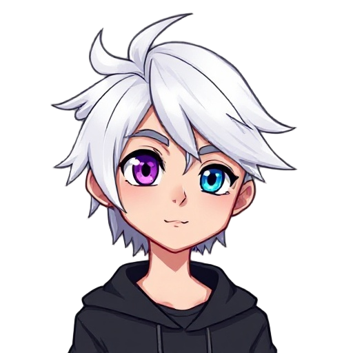crei um male white hair, one eye purple other eye blue , casual