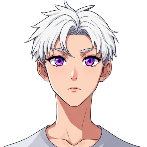 create a full-body anime-style illustration of a tall young man, approximately 1.93 meters tall, slender build. he has medium-length, slightly messy pure white hair. his eyes are striking and unique: one eye is a shimmering deep violet (purple) with spark