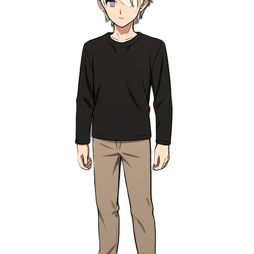 create a full-body anime-style illustration of a tall young man, approximately 1.93 meters tall, slender build. he has medium-length, slightly messy pure white hair. his eyes are striking and unique: one eye is a shimmering deep violet (purple) with spark