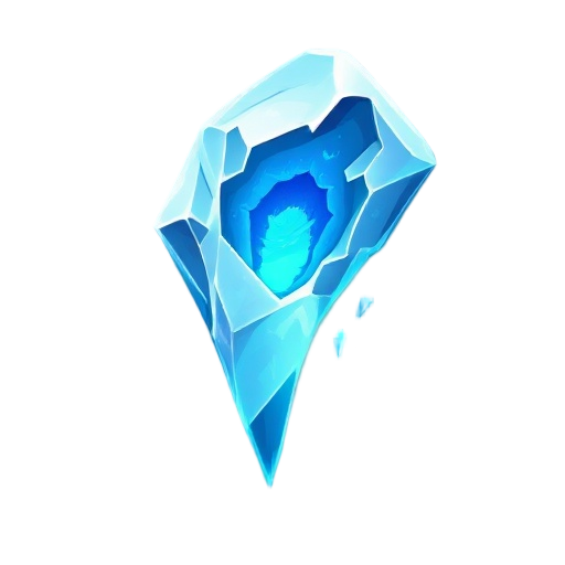 fantasy illustration of a giant icy shard falling, glowing blue core, sharp edges, frost swirling, dramatic and powerful, for a game skill icon