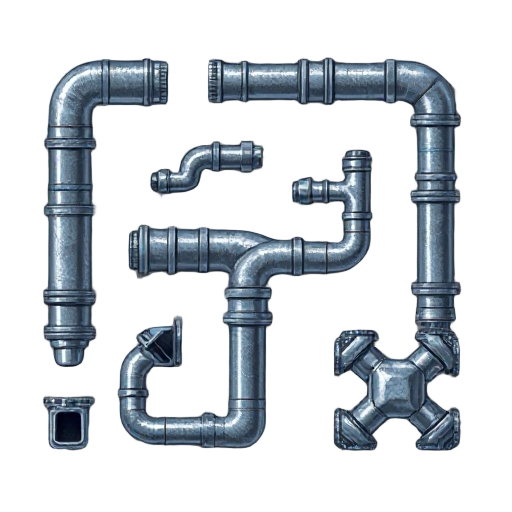 modular metal pipes for 2d game, including straight, corner, t, and cross sections, industrial style factorio or stardew valley, clean look, metallic dark texture with subtle highlights, transparent background, centered