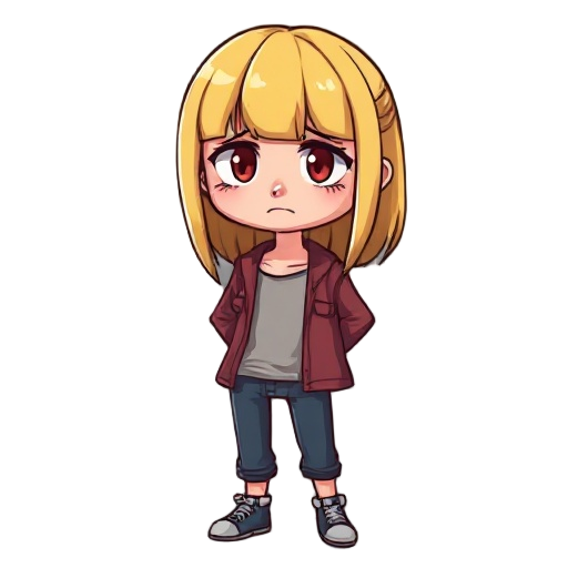blonde (brown highlights) straight bangs, medium brests clothes off with sad face