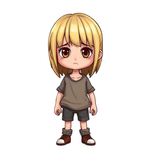 blonde (brown highlights) straight bangs, medium brests clothes off model with sad face
