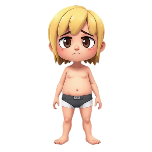 blonde (brown highlights) straight bangs, large brests with sad face in underwear