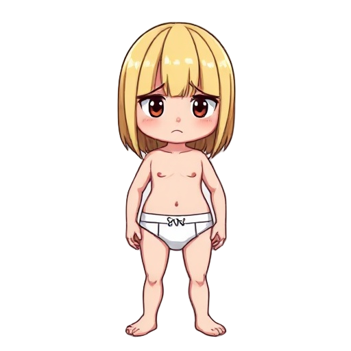 blonde (brown highlights) straight bangs, medium brests with sad face in underwear