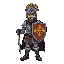 cavalheiro medieval, escudo com brasão de sol, capacete fechado, arco e flecha nas costas, uma espada na cintura