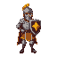 cavalheiro medieval, escudo com brasão de sol, capacete fechado, arco e flecha nas costas, uma espada na cintura