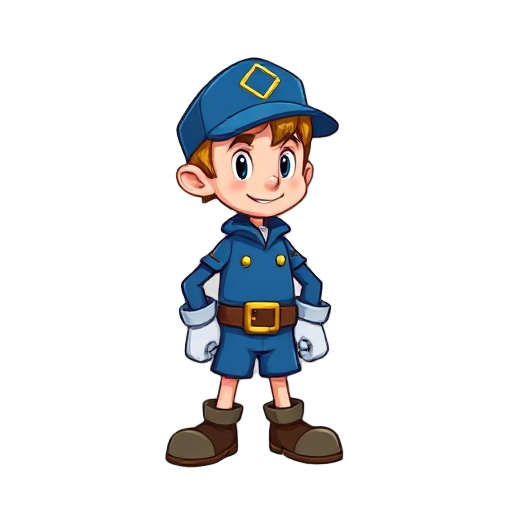 felix character (16x32 pixels)  - blue outfit with cap - golden hammer - basic animation frames needed:   - idle stance   - walking (4 frames)   - jumping (2 frames)   - fixing animation (2 frames)