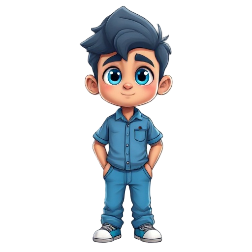 crie um personagem de olhos azuis e o cabelo a mostra e castanho e ele usa roupas azuis com um foguete desenhado na camisa