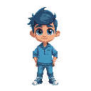 crie um personagem de olhos azuis e o cabelo a mostra e castanho e ele usa roupas azuis com um foguete desenhado na camisa