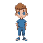 crie um personagem de olhos azuis e o cabelo a mostra e castanho e ele usa roupas azuis com um foguete desenhado na camisa, ele e baixinho e pode fazer a cabeça e o corpo quadrado