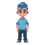 crie um personagem de olhos azuis e o cabelo a mostra e castanho e ele usa roupas azuis com um foguete desenhado na camisa