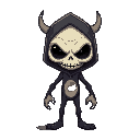 uma sprite sheet altamente detalhada de um personagem esqueleto estilizado em um estilo cartoon pixel art, projetado para um jogo 2d. o esqueleto tem uma caveira grande com olhos escuros vazios, racha