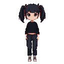cute anime girl black pigtails, sharp eyes, black clothes,goth, cropped sweater, baggy jeans, red background, defined waist