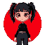 hot anime girl black pigtails, sharp eyes, black clothes,goth, cropped sweater, baggy jeans, red background, defined waist, red tones