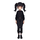 anime girl with black pigtails, sharp eyes, black clothes, goth, cropped sweater, baggy jeans,defined waist, red tones