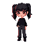 black pigtails, sharp eyes, black clothes, goth, cropped sweater, baggy jeans,defined waist, red tones