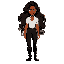 brown-skinned woman with wavy dark long length hair, thick brows, white shirt (slightly muscular arms), black slacks. neutral expression