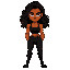 brown-skinned woman with wavy dark mid-length hair, thick brows, black tank top (slightly muscular arms), black slacks. neutral expression