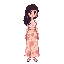 light skin, long dark curly hair, side shaved, floral pink-orange and long skirt, white crop top, cute 16-bit vibe