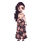 light skin, long dark curly hair, side shaved, floral long skirt, white crop top, 16-bit vibe