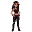 stardew valley style. light-skinned woman with long dark curly hair, one side shaved, black bandana top, black leather pants. confident, warm colors, 16-bit farm/tavern backdrop.