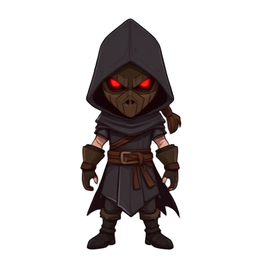 a mysterious warrior cloaked in shadow wears a crude wooden mask with glowing red eyes, evoking fear and secrecy. his long brown hair, tied in a loose ponytail, adds to his rugged, untamed look. 