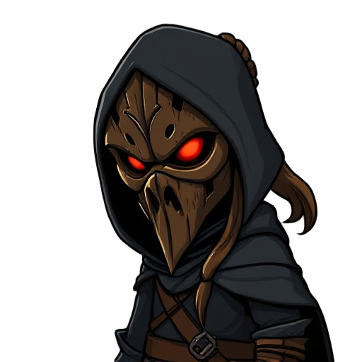 a mysterious warrior cloaked in shadow wears a crude wooden mask with glowing red eyes, evoking fear and secrecy. his long brown hair, tied in a loose ponytail, adds to his rugged, untamed look. 