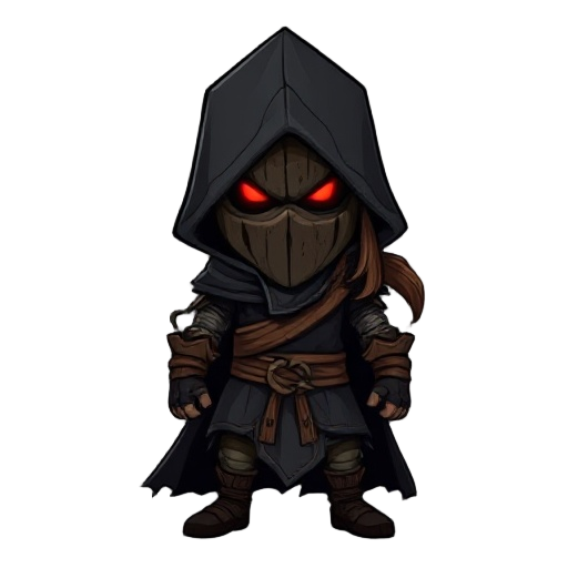 a mysterious warrior cloaked in shadow wears a crude wooden mask with glowing red eyes, evoking fear and secrecy. his long brown hair, tied in a loose ponytail, adds to his rugged, untamed look. 