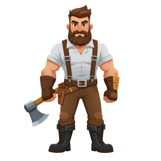 lumberjack, tough, whiteshirt, brown pants, black boots,