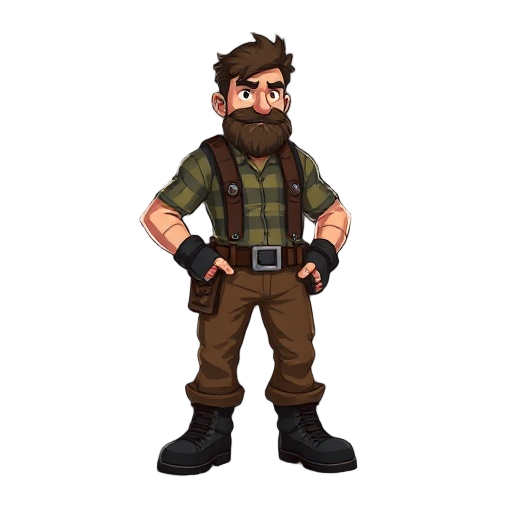  lumberjack, brown pants, black boots, tough character