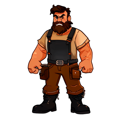  lumberjack, brown pants, black boots, tough character