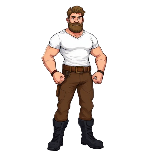 lumberjack, tough, whiteshirt, brown pants, black boots,