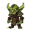 a high-quality pixel art sprite sheet featuring a goblin character in the style of kingdom rush. the goblin has green skin, sharp teeth, and wears tattered brown leather armor with metal shoulder pads
