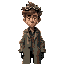 "an adult scientist with short, tousled brown hair and goggles on his head. wearing a worn lab coat, with a serious expression, standing in a dim, eerie lab filled with glowing vials and equipment."