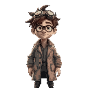 a full-body portrait of a scientist with messy brown hair and goggles on his head. wearing a worn lab coat, he has a focused expression, standing in a lab filled with glowing vials and equipment.