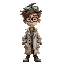 a full-body portrait of a scientist with messy brown hair and goggles on his head. wearing a worn lab coat, he has a focused expression, standing in a lab filled with glowing vials and equipment.