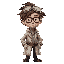a scientist with messy brown hair and goggles on his head. wearing a worn lab coat, he has a focused expression, standing in a lab filled with glowing vials and equipment.