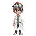 "a young scientist with short, messy brown hair, wearing a pair of goggles pushed up on his head. he is tall and lean, dressed in a white lab coat with a few pens tucked in the pocket. the background 
