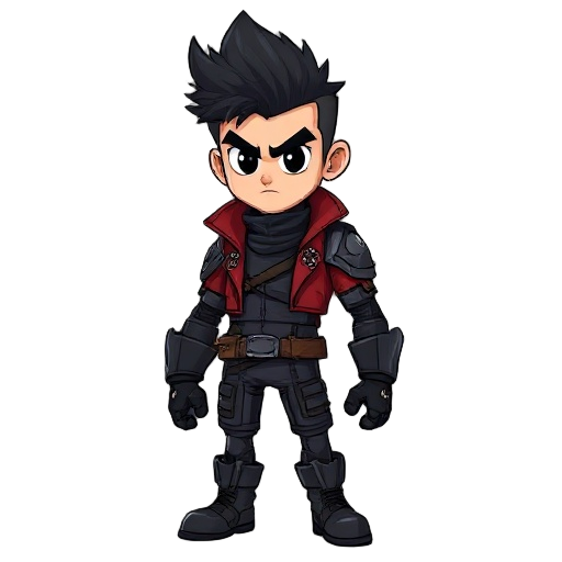 cartoon male with spiky dark hair, red jacket, dark armored bodysuit, gloves, boots, brown belt, big head, short limbs, black oval eyes, serious face, bounty hunter or urban hero style