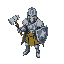 paladin with silver armor, yellow/blue details, warhammer, shield, walking sprite, rpg style