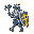  paladin with silver armor, yellow/blue details, warhammer, shield, walking sprite, rpg style