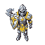 paladin with bright silver armor, yellow and blue accents, large shield, warhammer, no helmet, walking sprite, rpg style